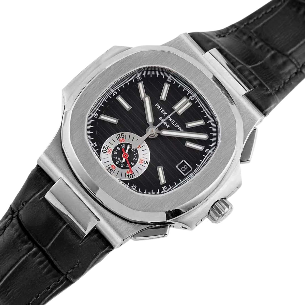 Nautilus 5980/1A-014 Black Dial in Steel on Leather Strap