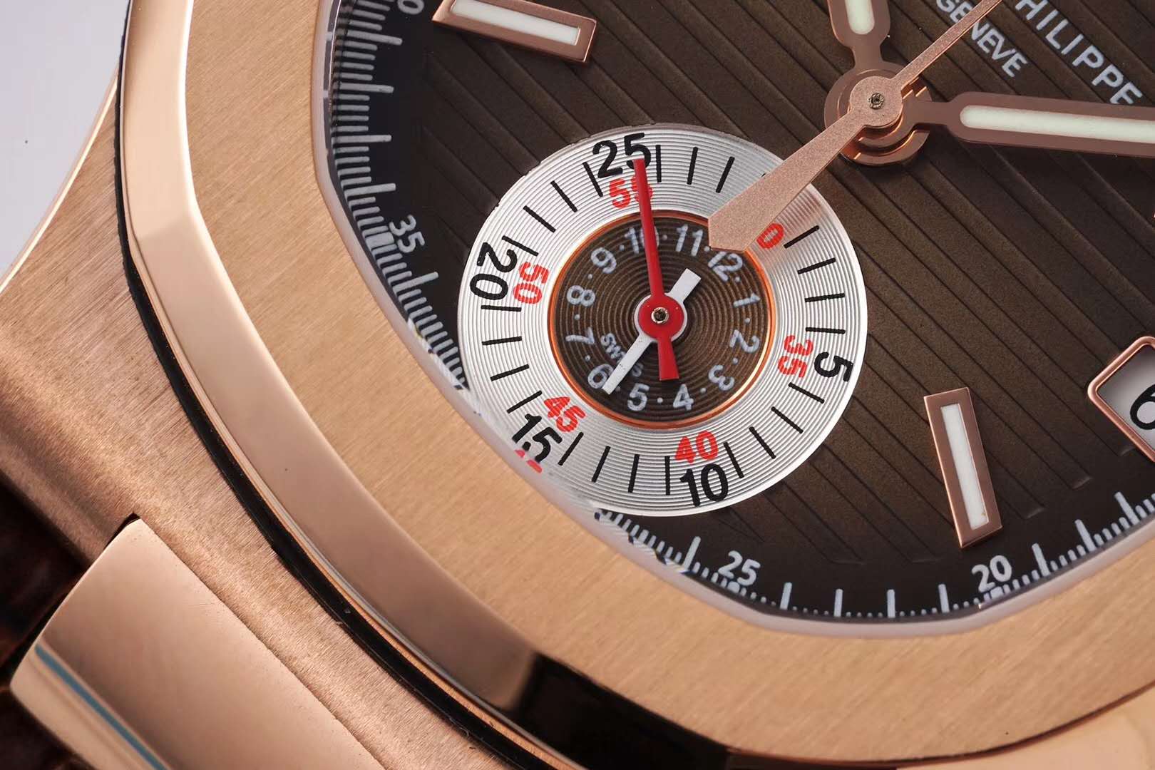 Nautilus Chronograph 5980/R-001 in Rose Gold on Brown Leather Strap