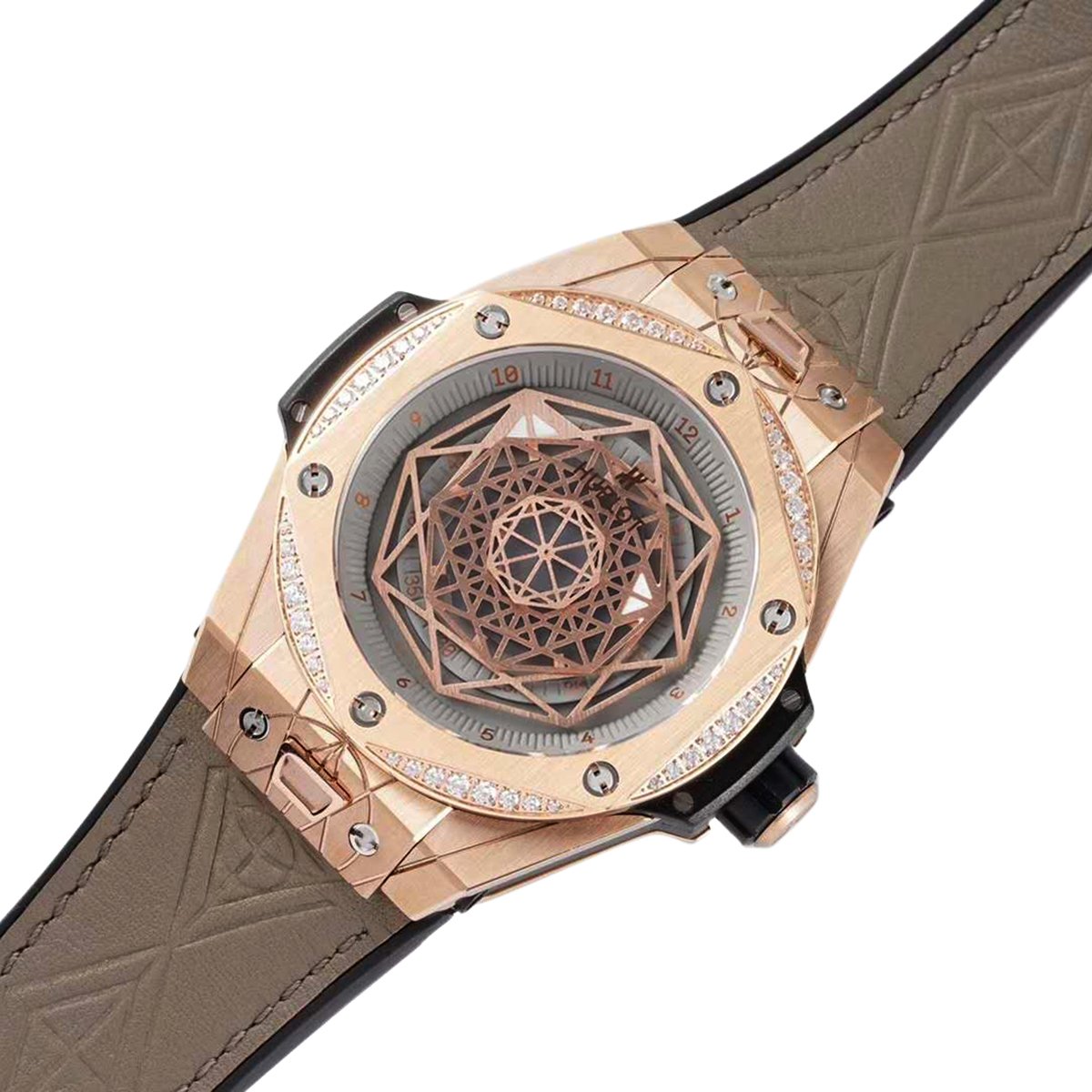 Big Bang Unico Sang Bleu in Rose Gold with D1am0nd Bezel on Brown Leather Strap