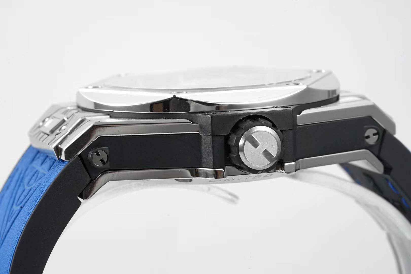 Big Bang Unico Sang Bleu in Steel on Blue Leather Strap