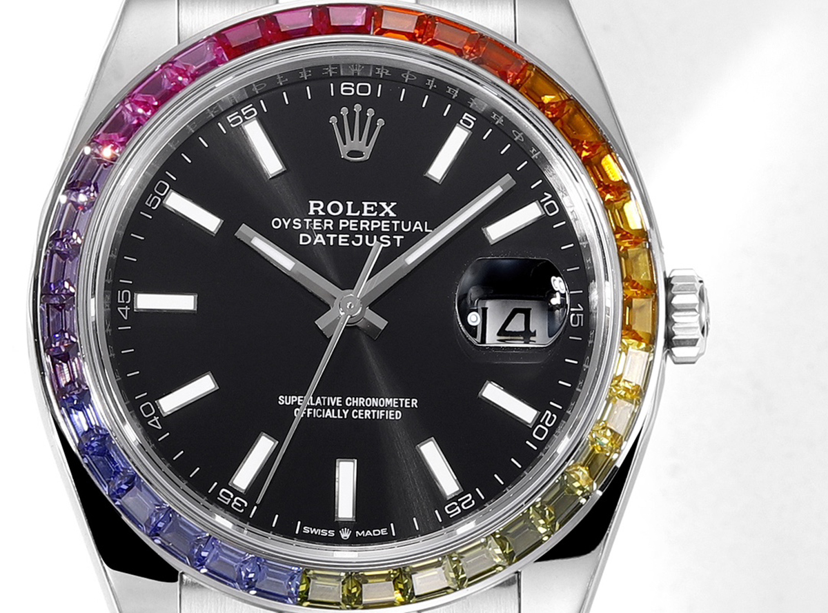 Datejust 41 Black Dial Stick Markers with Rainbow D1am0nd Bezel in Steel on Oyster Bracelet