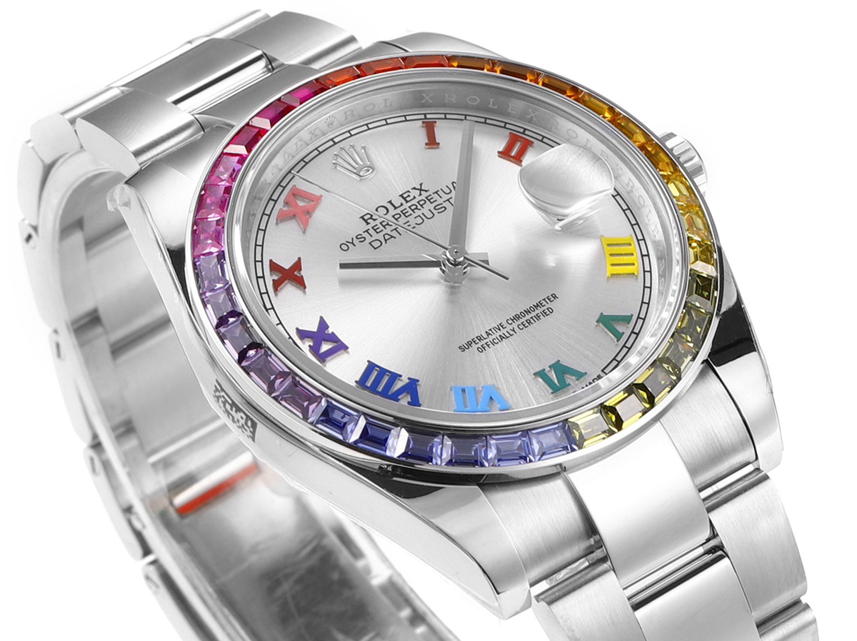 Datejust 41 Silver Dial Roman Markers with Rainbow D1am0nd Bezel in Steel on Oyster Bracelet